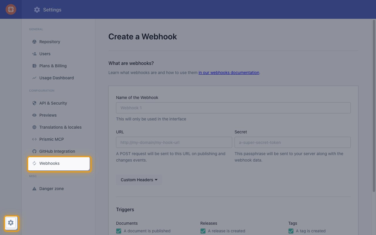 Prismic repository settings with the Settings gear and the Webhooks menu item highlighted