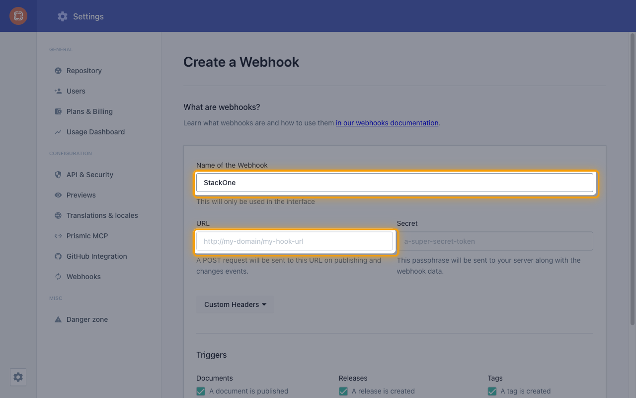 Create a Webhook form with the Name of the Webhook and URL fields highlighted