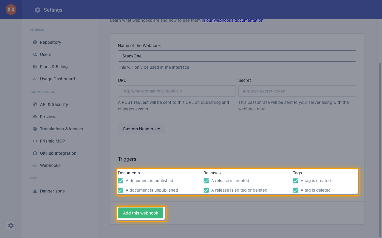 Triggers section with all six trigger checkboxes selected and the Add this webhook button highlighted
