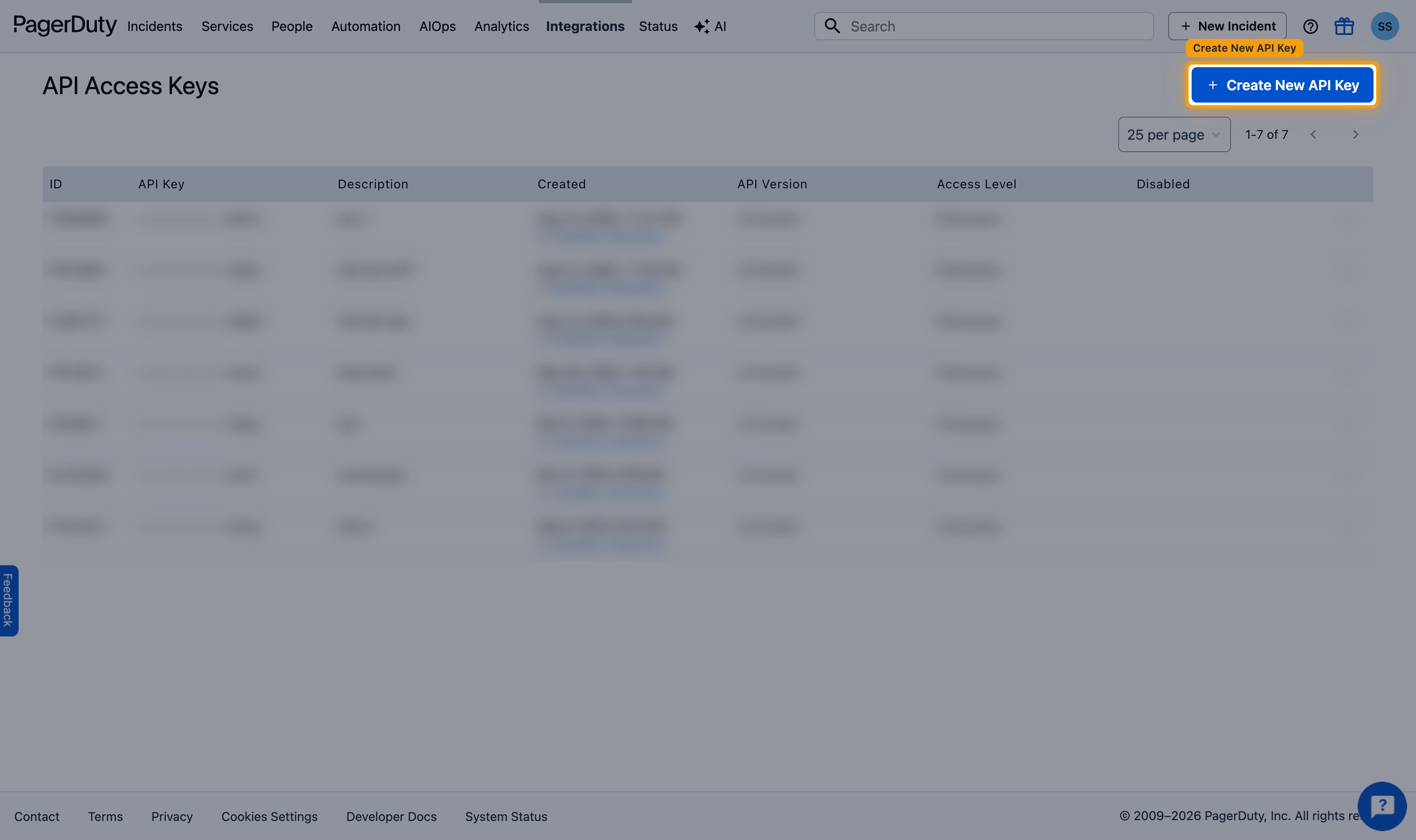 API Access Keys page with + Create New API Key highlighted.
