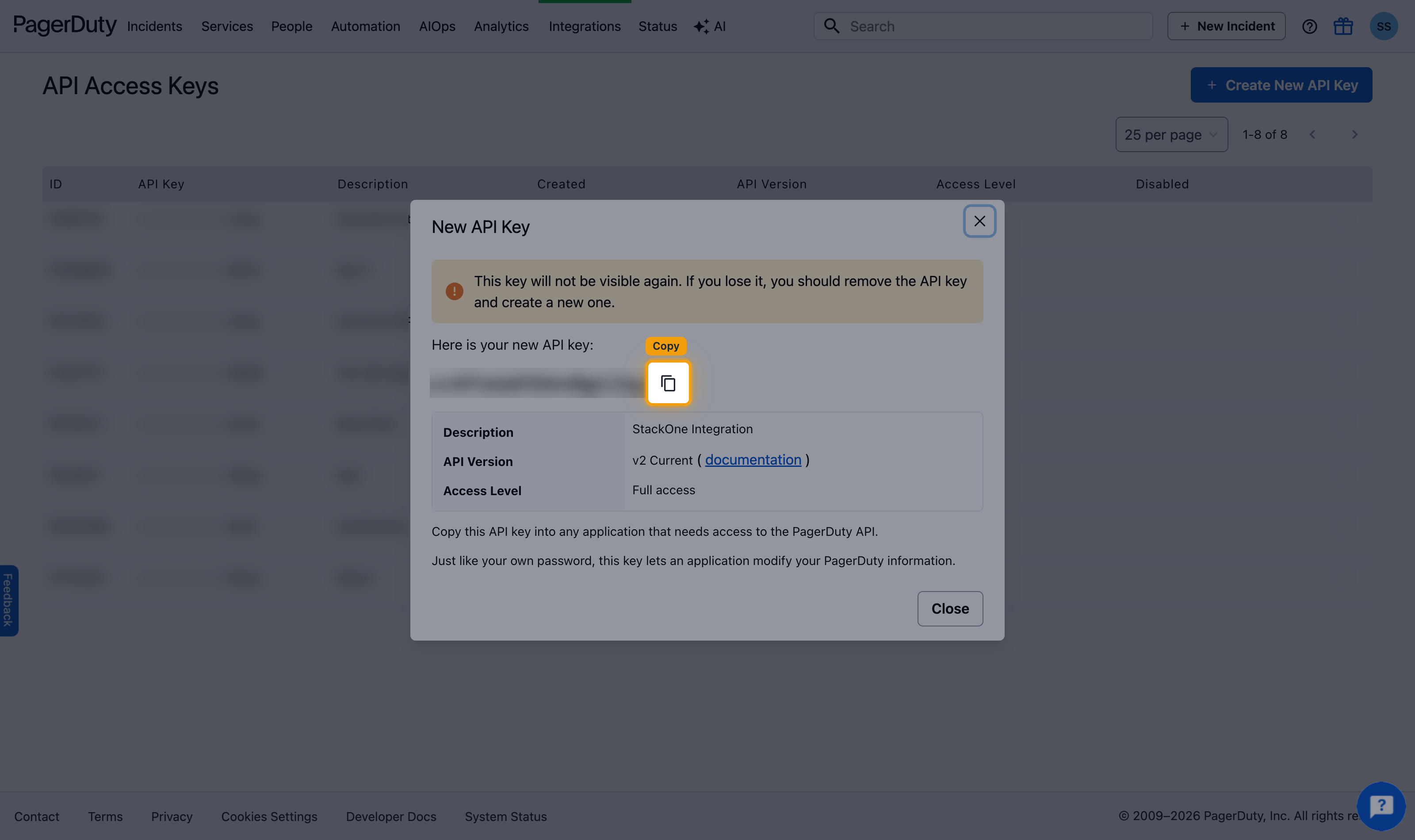 New API Key dialog with the key (redacted) and copy icon highlighted.