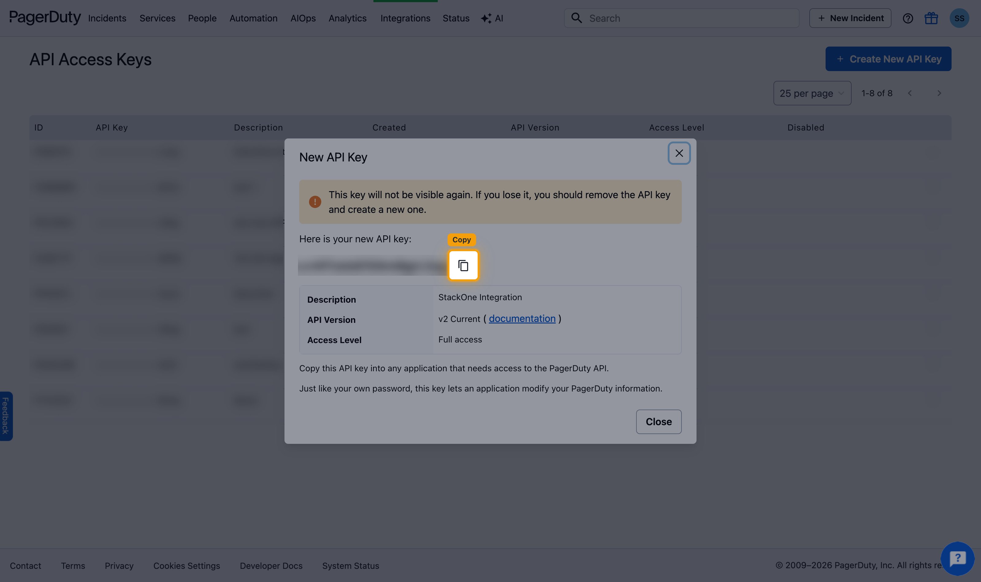 New API Key dialog with the key (redacted) and copy icon highlighted.