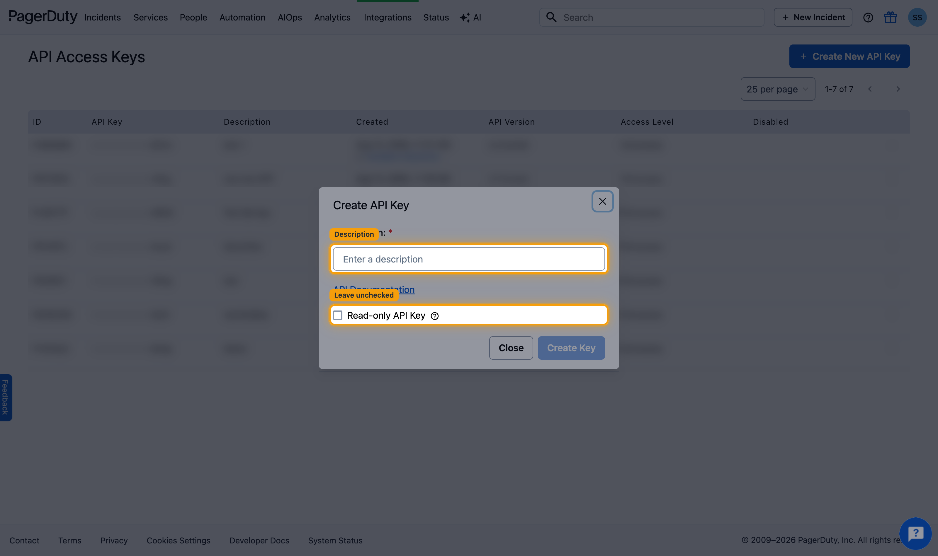 Create API Key dialog with the Description field and Read-only checkbox highlighted.