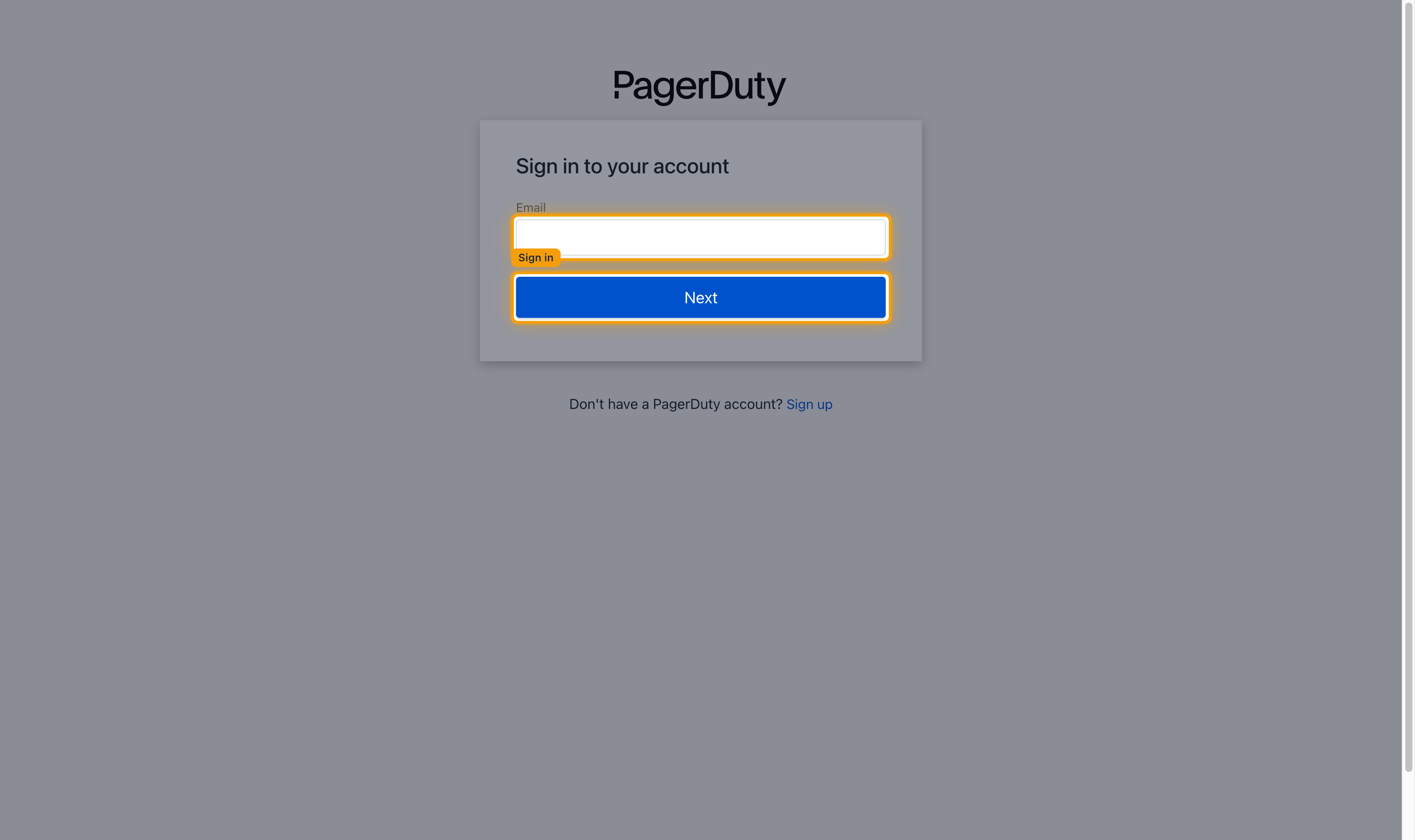 PagerDuty sign-in page with the Email field and Next button highlighted.