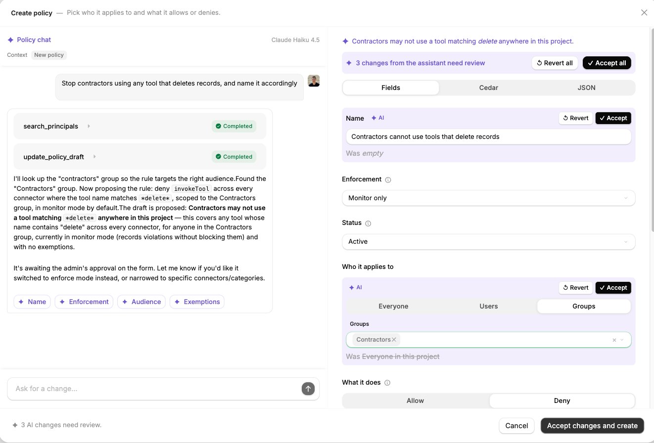Create policy panel split in two, with Policy chat on the left showing completed search_principals and update_policy_draft tool calls and an explanation of the proposed rule, and the policy form on the right with a bar reading 3 changes from the assistant need review