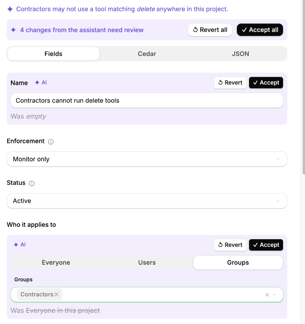 Policy form fields marked AI, each with Accept and Revert buttons, showing a Name field changed from empty and an audience changed from Everyone in this project to the Contractors group