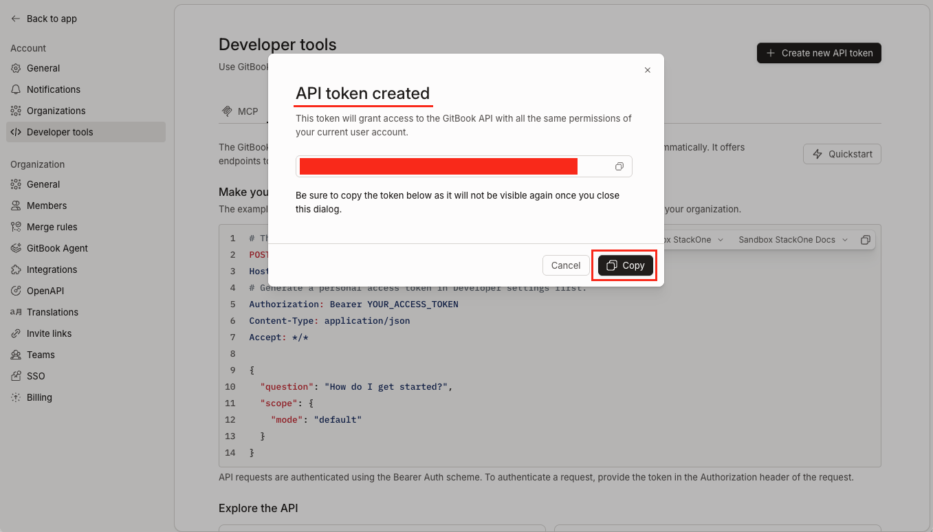 GitBook showing the generated Personal Access Token to copy