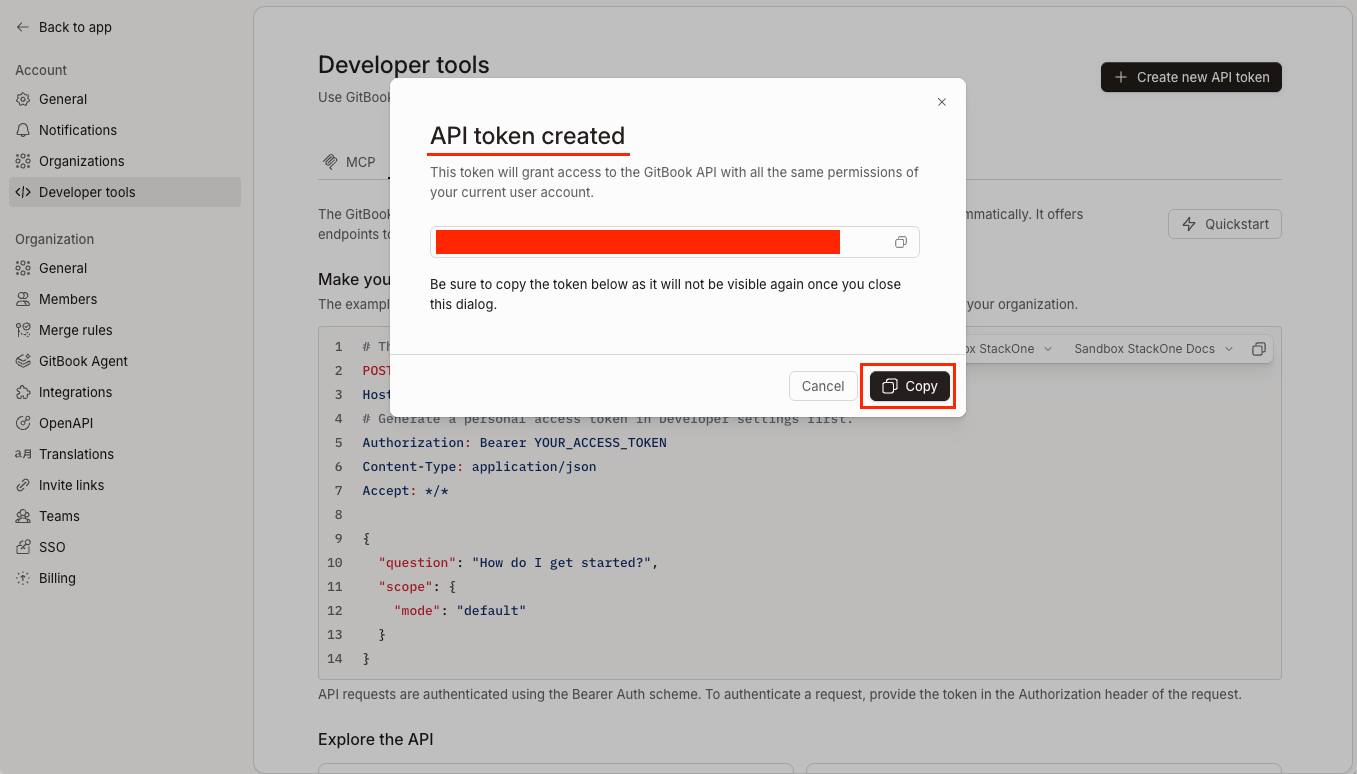 GitBook showing the generated Personal Access Token to copy