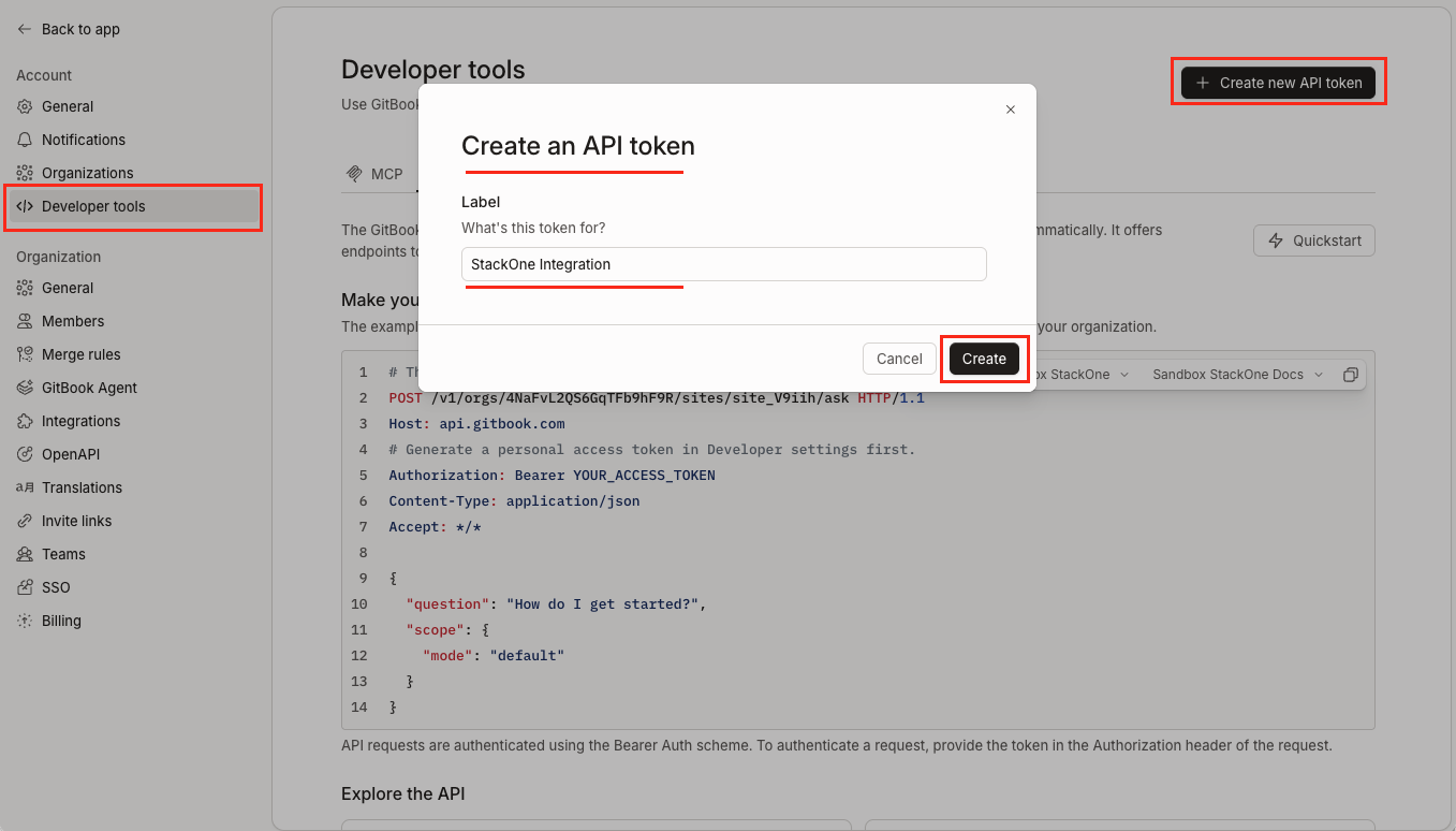 GitBook Create new API token dialogue