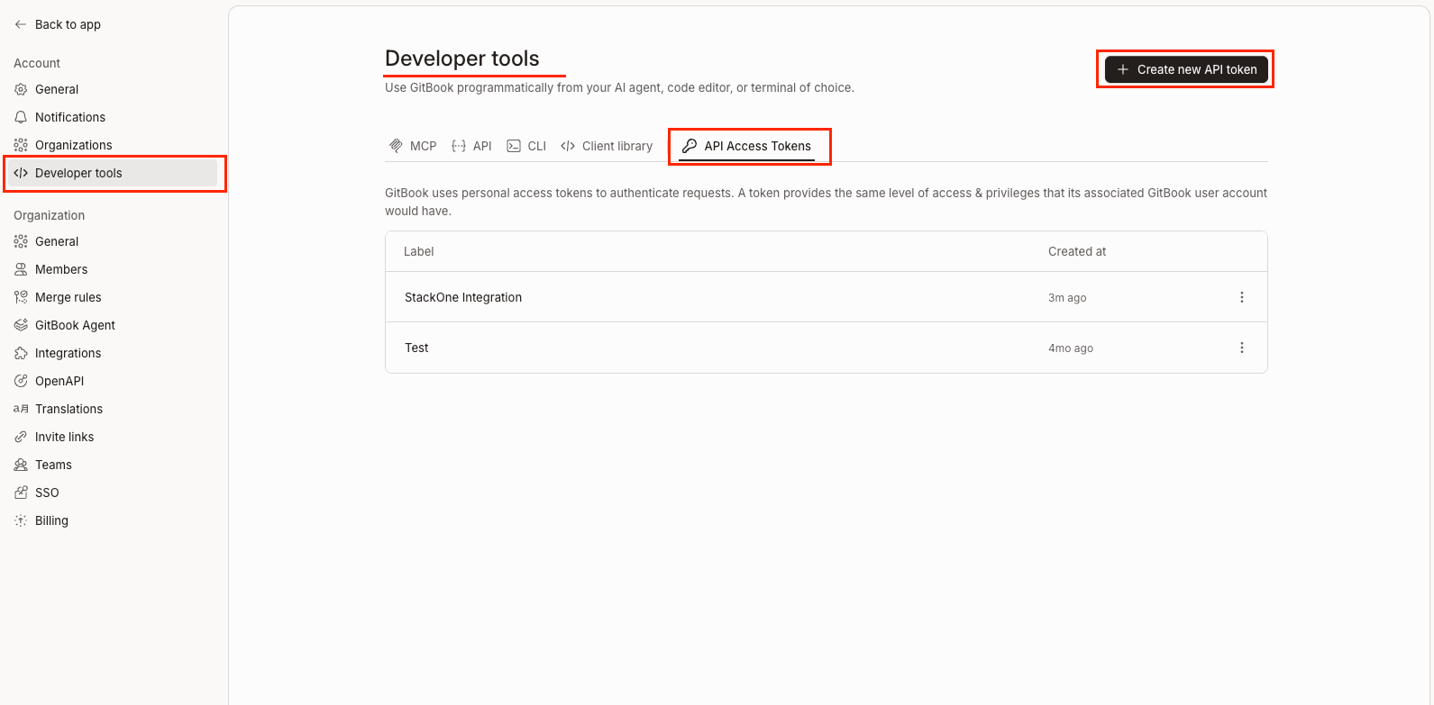 GitBook Settings page showing Developer tools