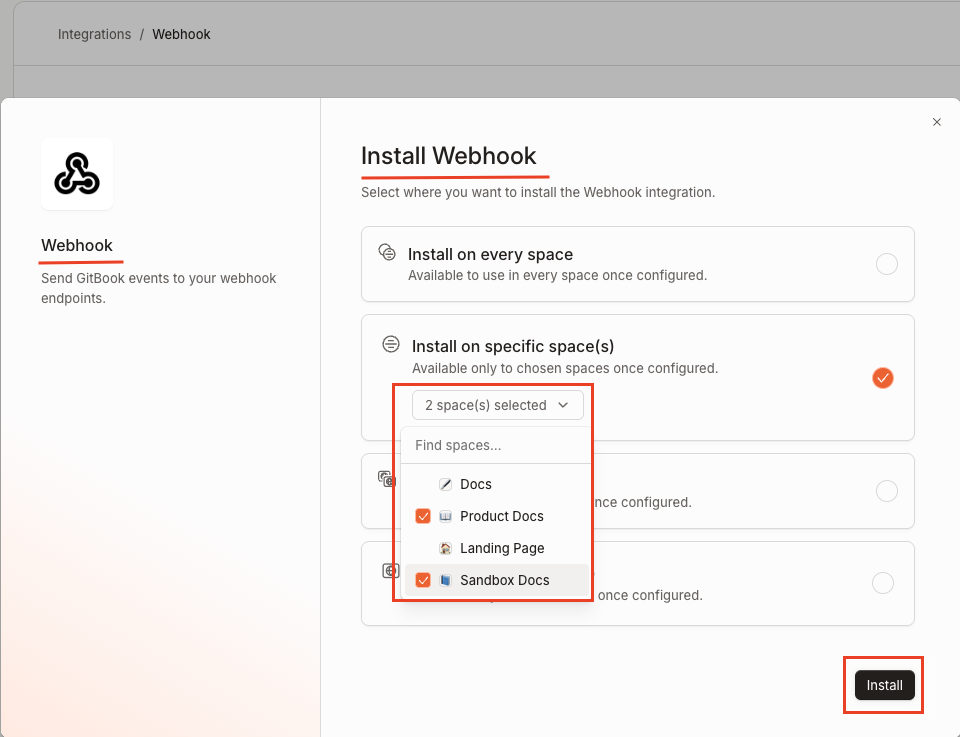 Webhook for Install on the specific space(s)