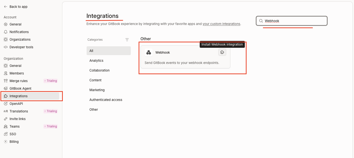 GitBook Settings page showing Integrations