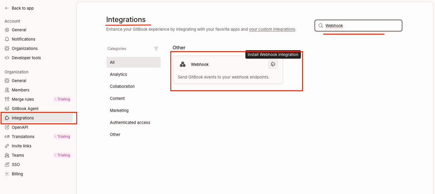 GitBook Settings page showing Integrations