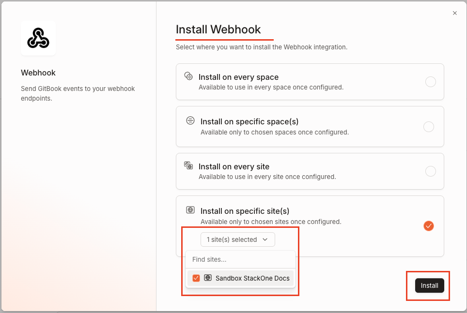 Webhook for Install on the specific site(s)