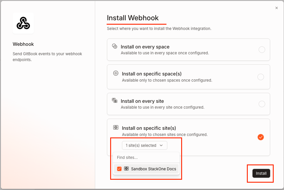Webhook for Install on the specific site(s)