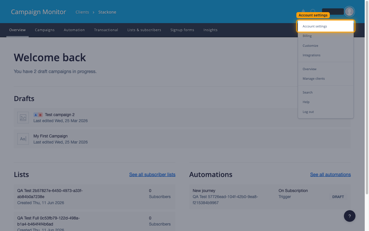 The account menu open in the top right with Account settings highlighted