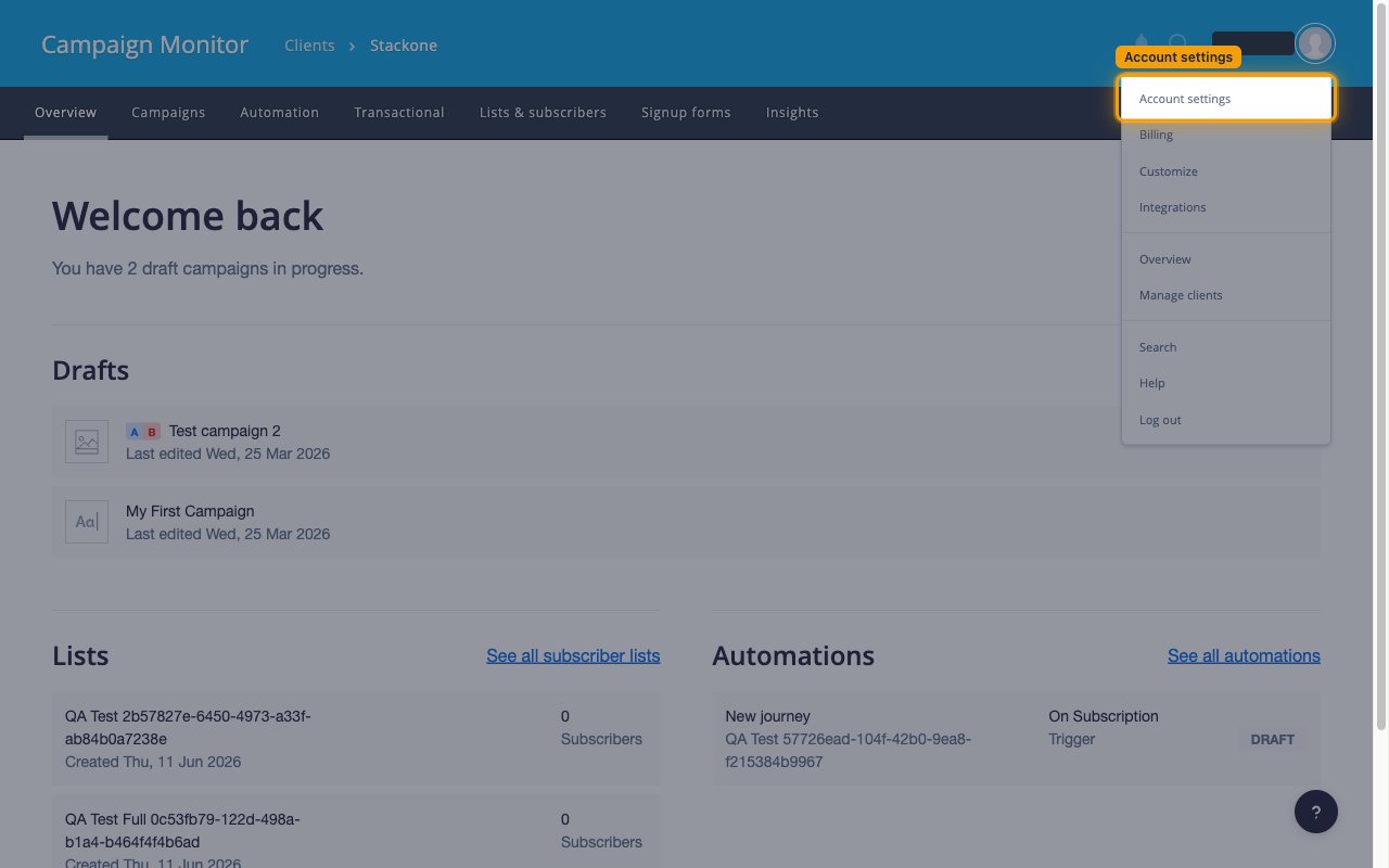 The account menu open in the top right with Account settings highlighted