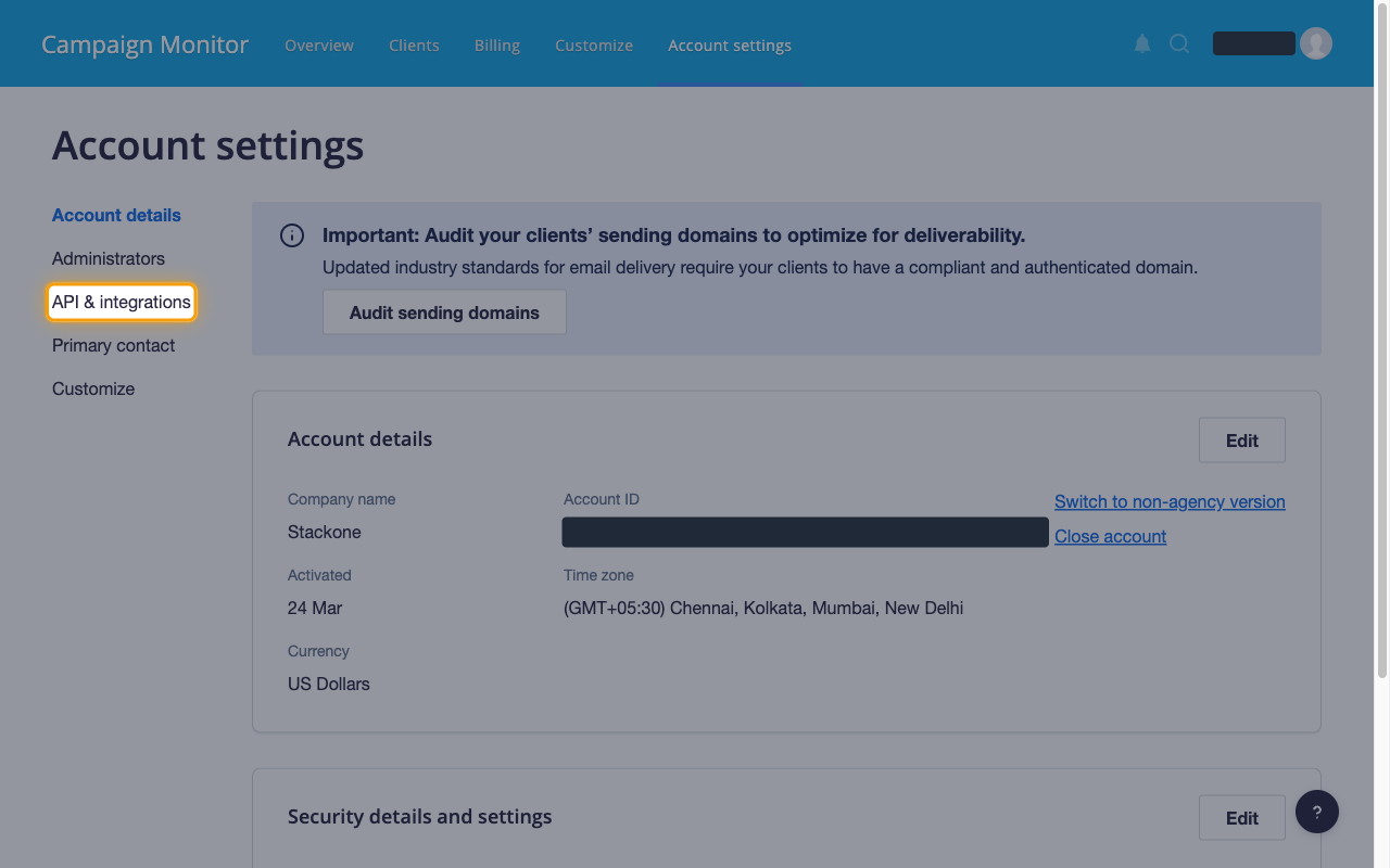 The Account settings page with API & integrations highlighted in the left menu