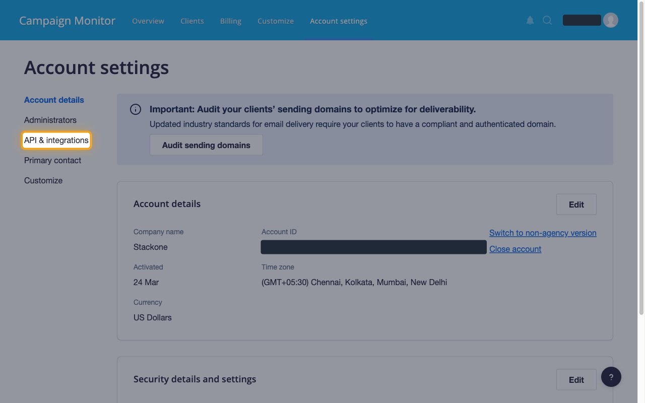 The Account settings page with API & integrations highlighted in the left menu