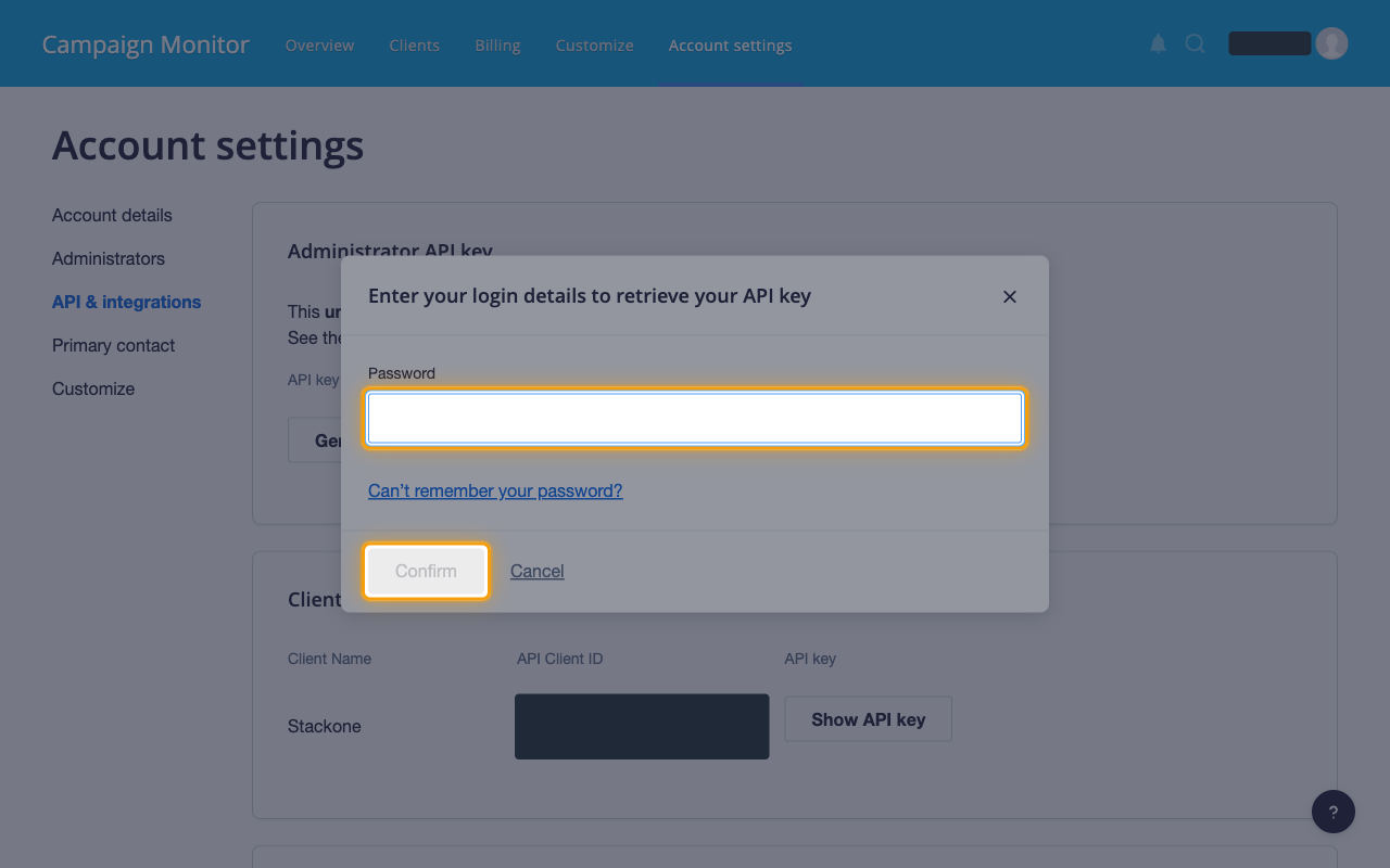 The Enter your login details to retrieve your API key dialog with the Password field and Confirm button highlighted