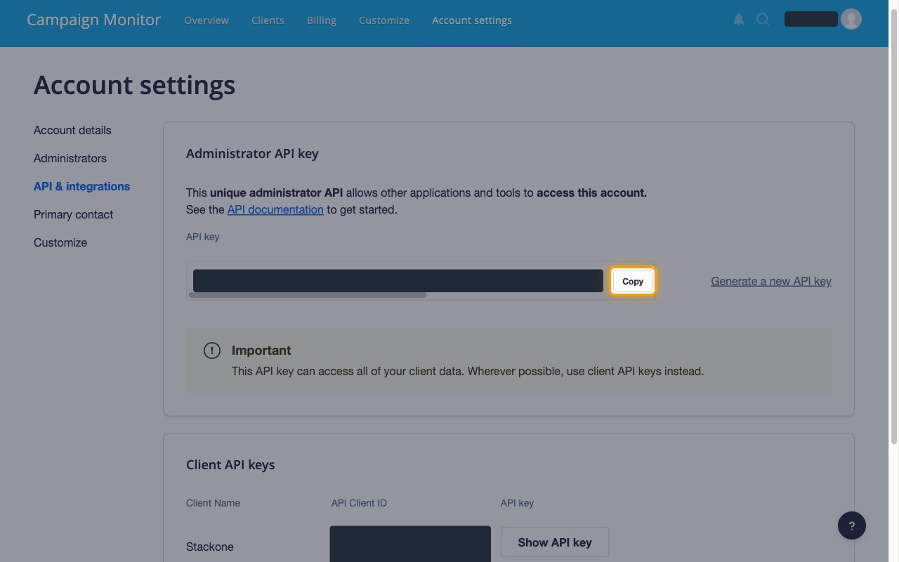 The generated administrator API key with the Copy button highlighted and the key value masked