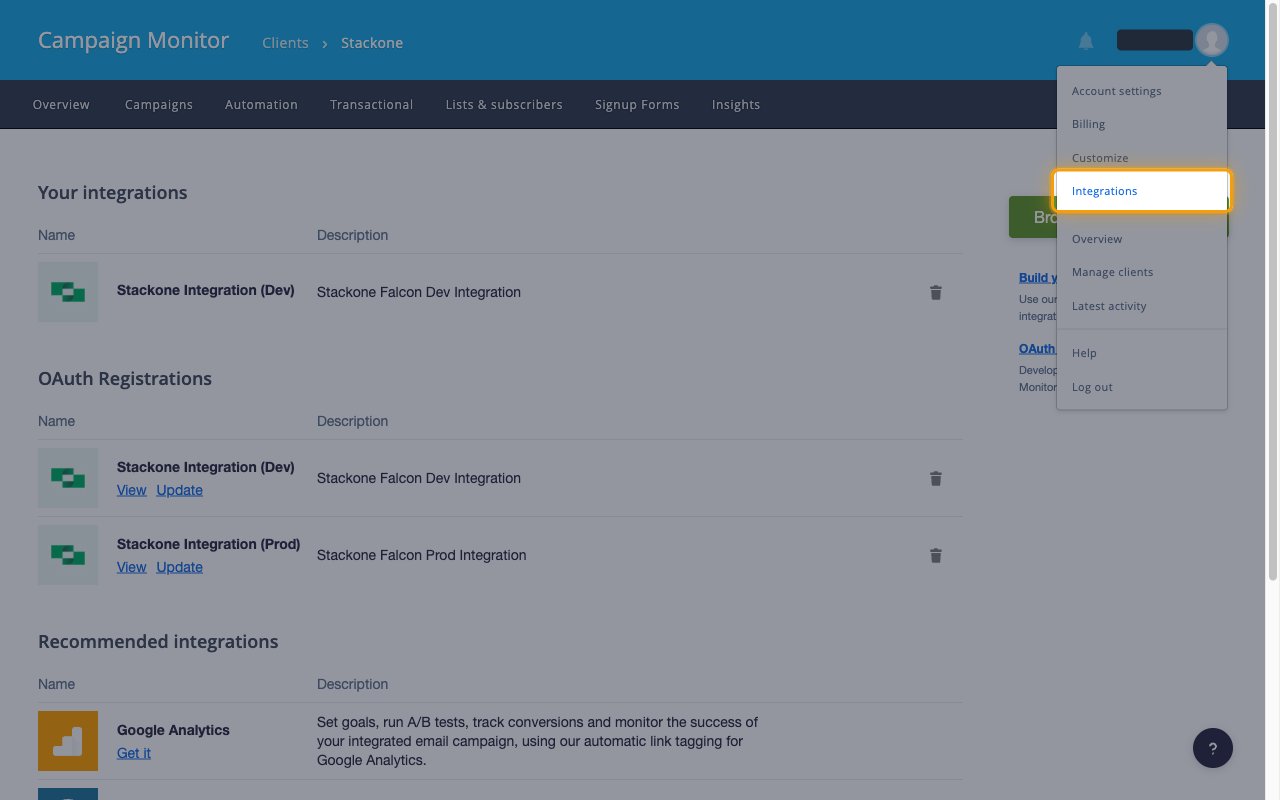 The account menu open in the top right with Integrations highlighted