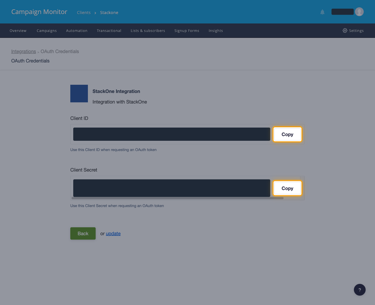 The OAuth Credentials page with the Client ID and Client Secret Copy buttons highlighted and both values masked