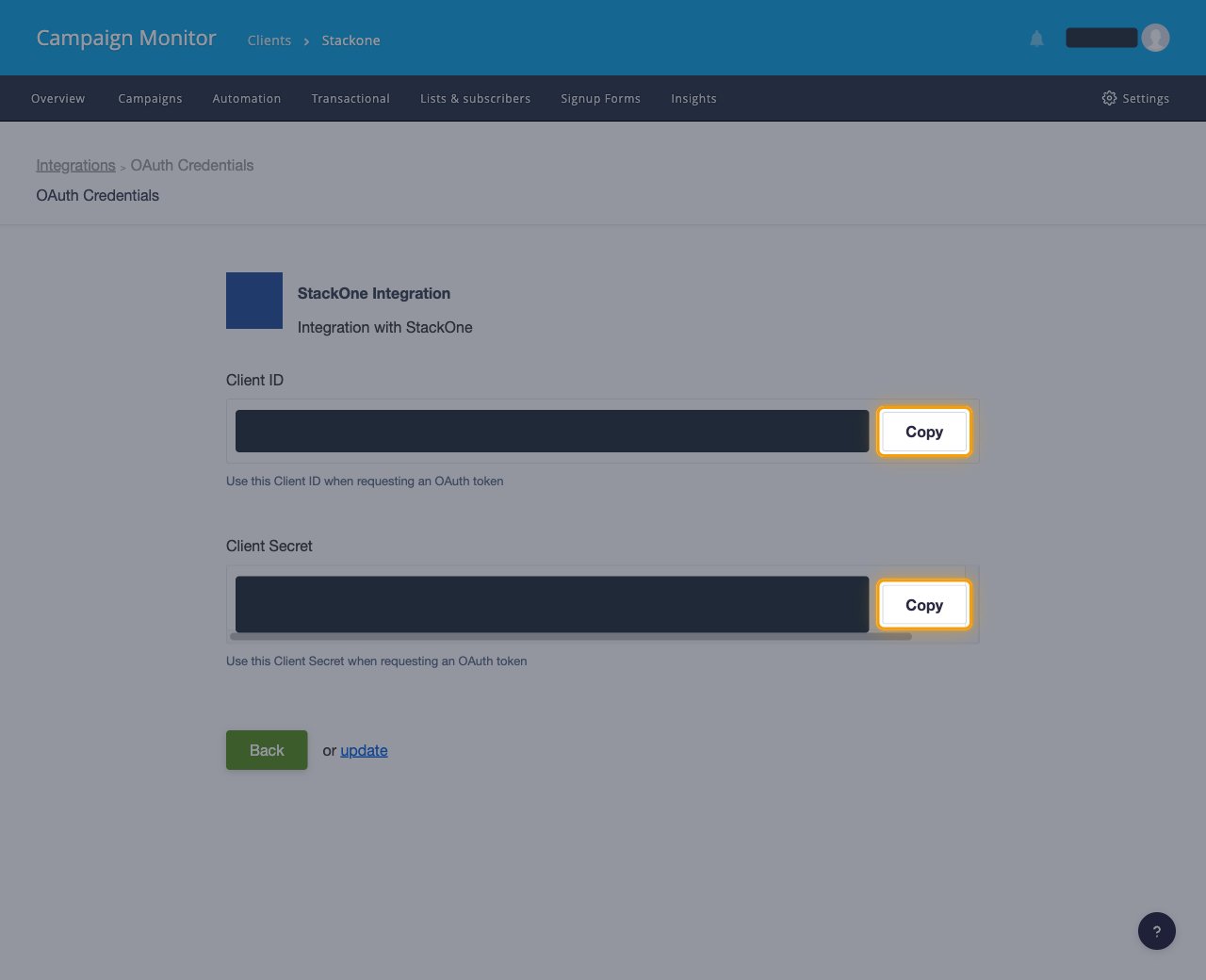 The OAuth Credentials page with the Client ID and Client Secret Copy buttons highlighted and both values masked