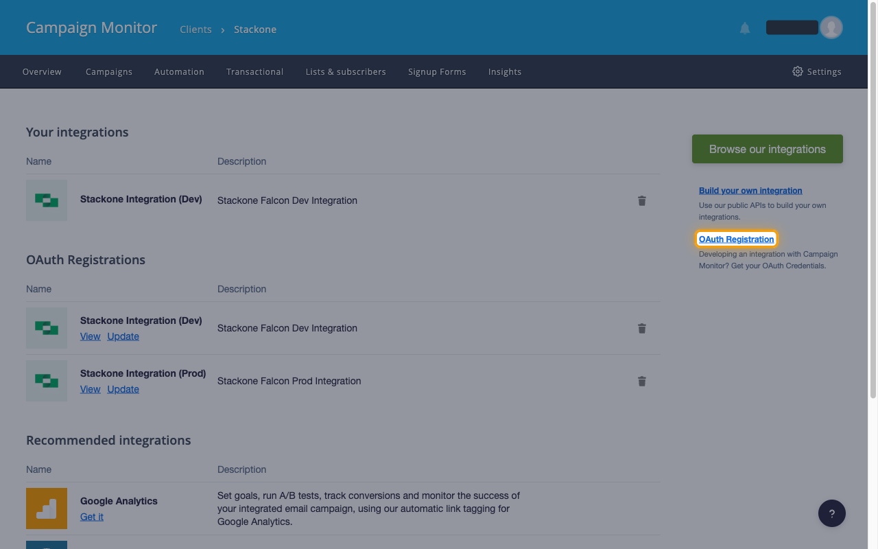 The Your integrations page with the OAuth Registration link highlighted in the right sidebar