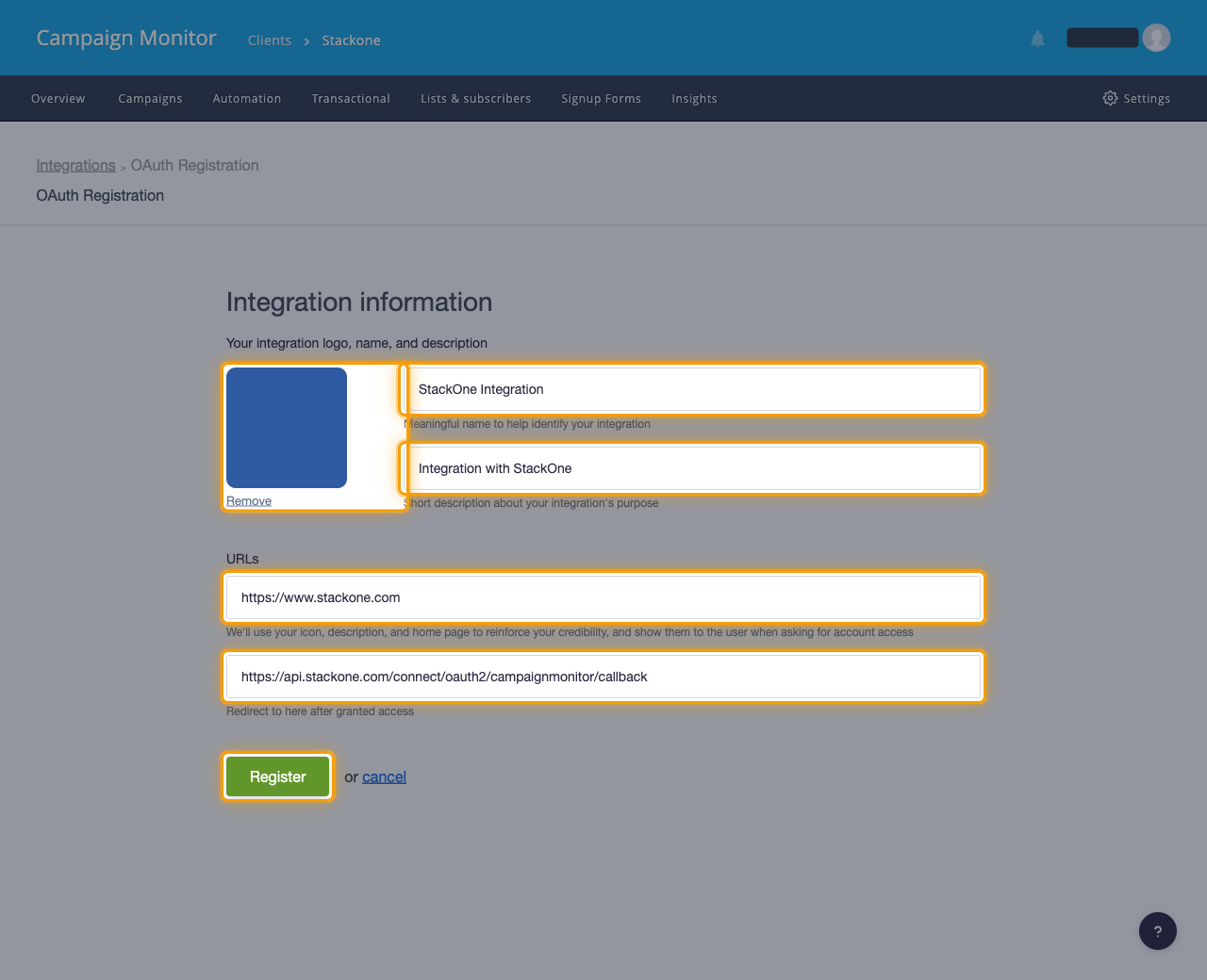 The OAuth Registration form with the logo tile, Integration name, Description, Home page url, Redirect after completion url, and Register button highlighted