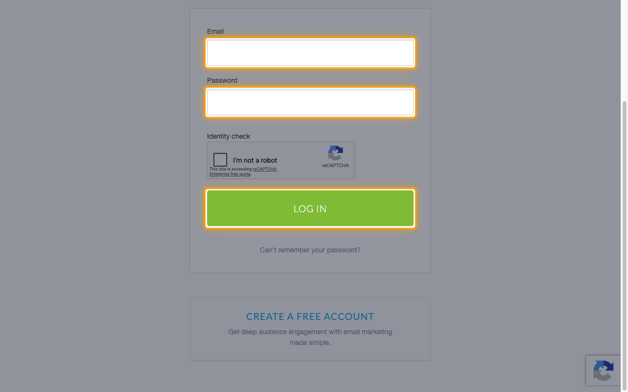The Campaign Monitor log in page with the Email field, Password field, and LOG IN button highlighted