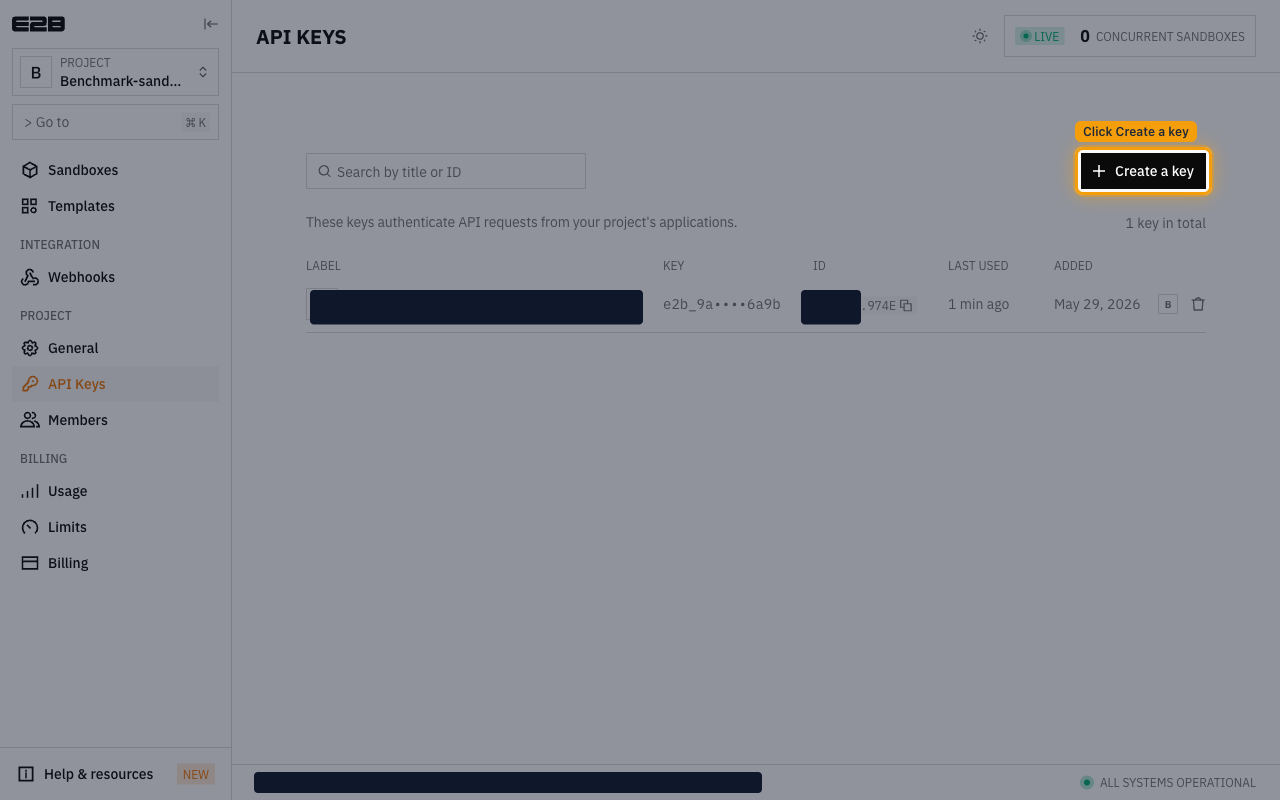 E2B API Keys page with the Create a key button highlighted