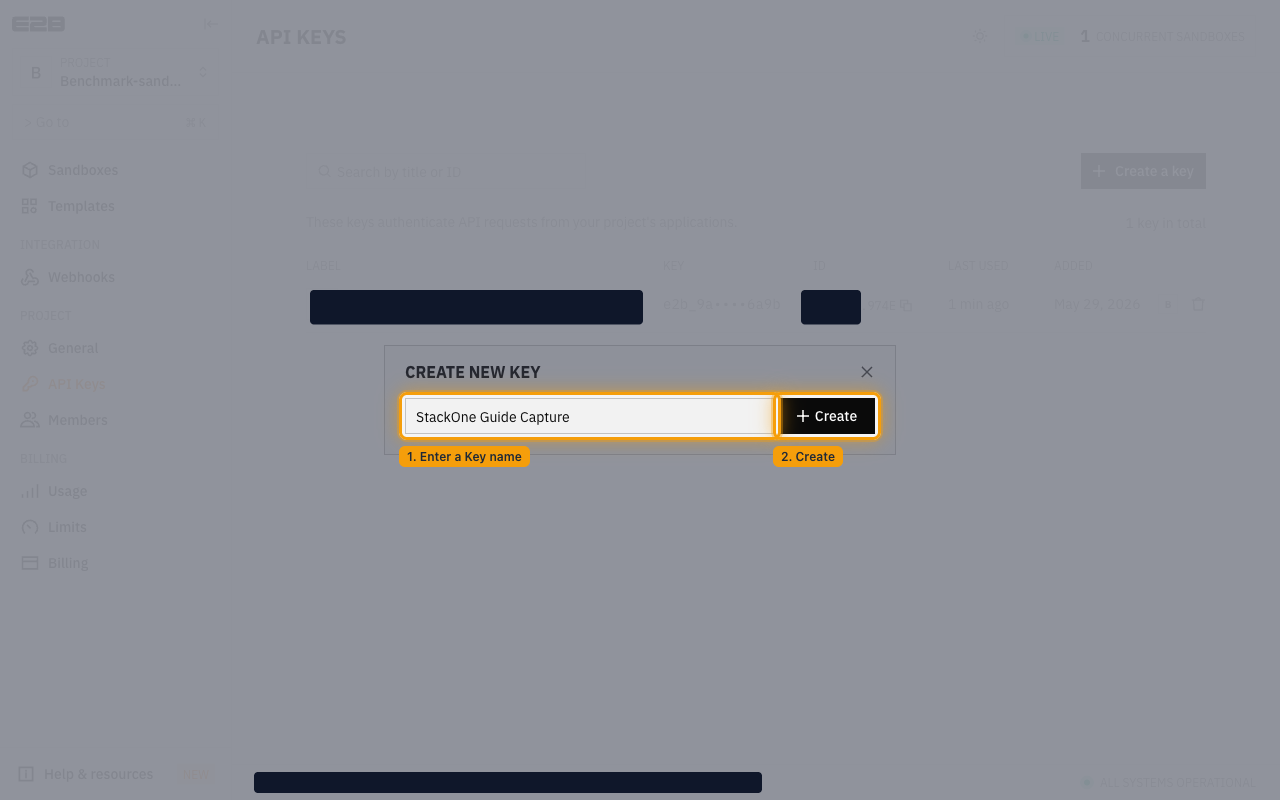 E2B Create new key dialog with the Key name field filled in and the Create button highlighted