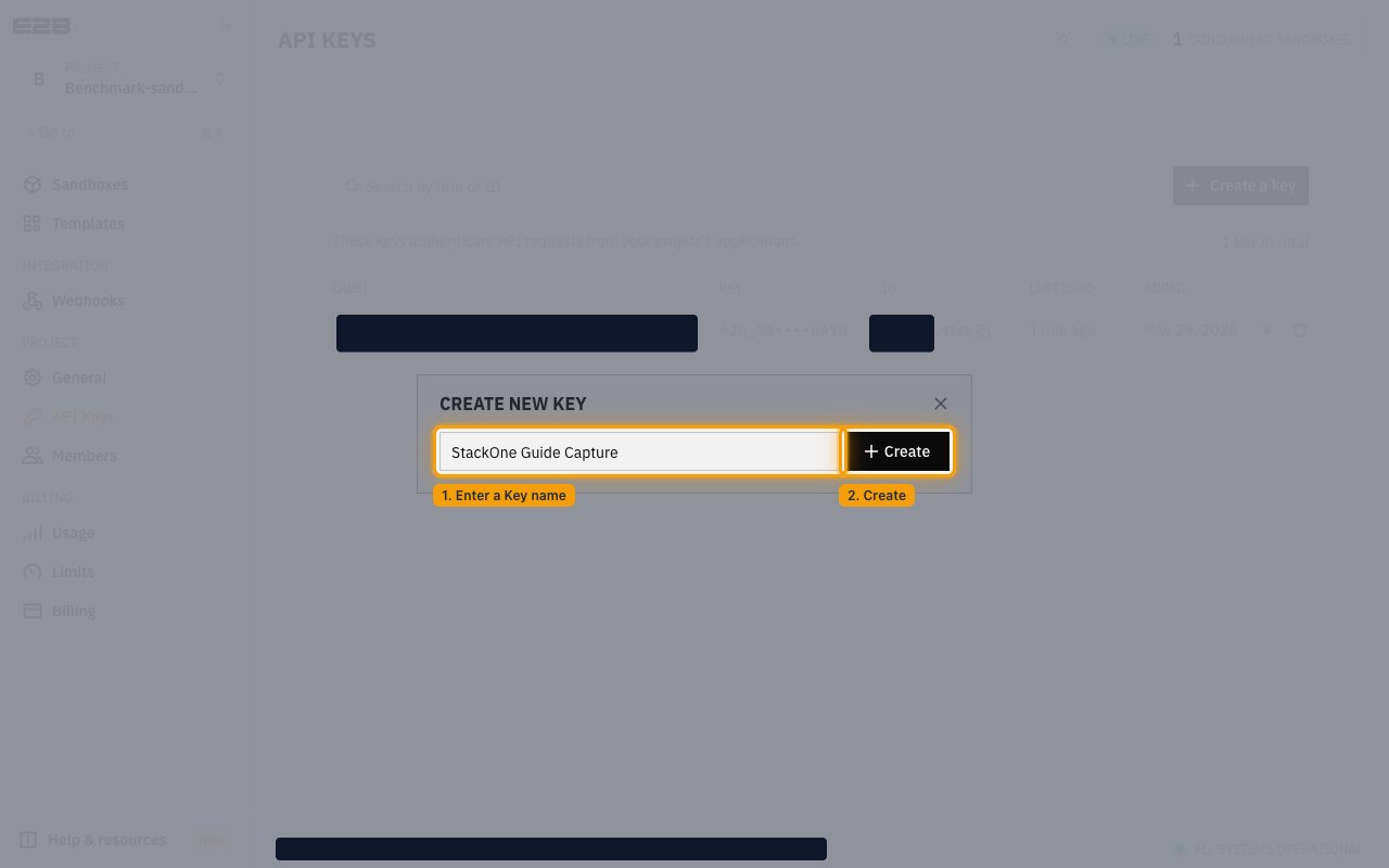 E2B Create new key dialog with the Key name field filled in and the Create button highlighted
