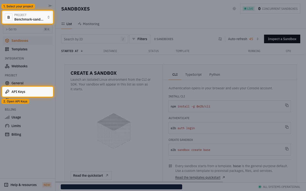 E2B console sidebar with the PROJECT switcher and the API Keys entry highlighted