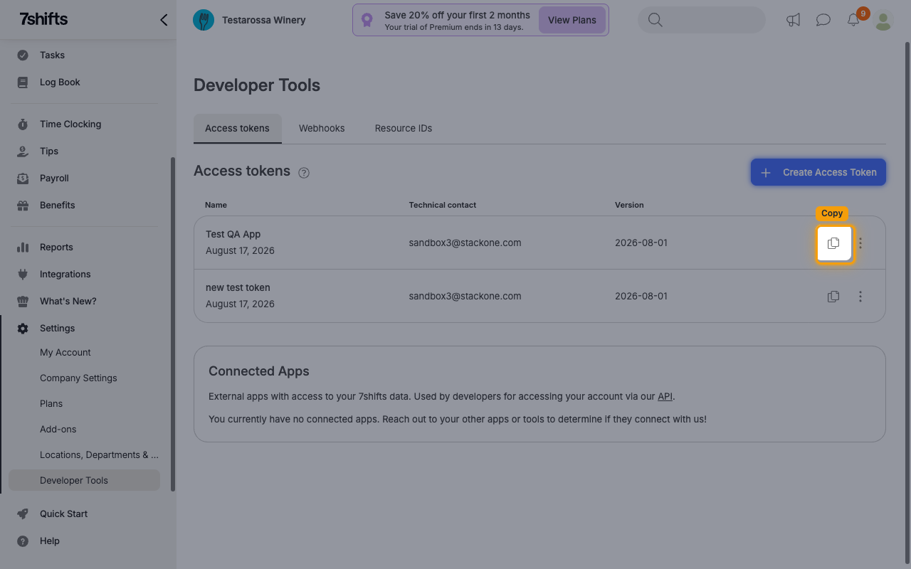 Access tokens list with copy icon highlighted