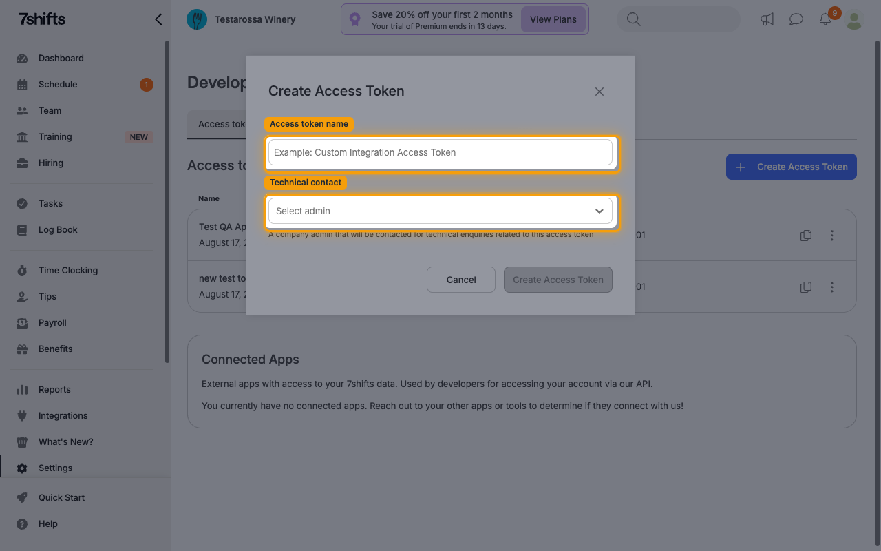 Create Access Token dialog with name and technical contact fields