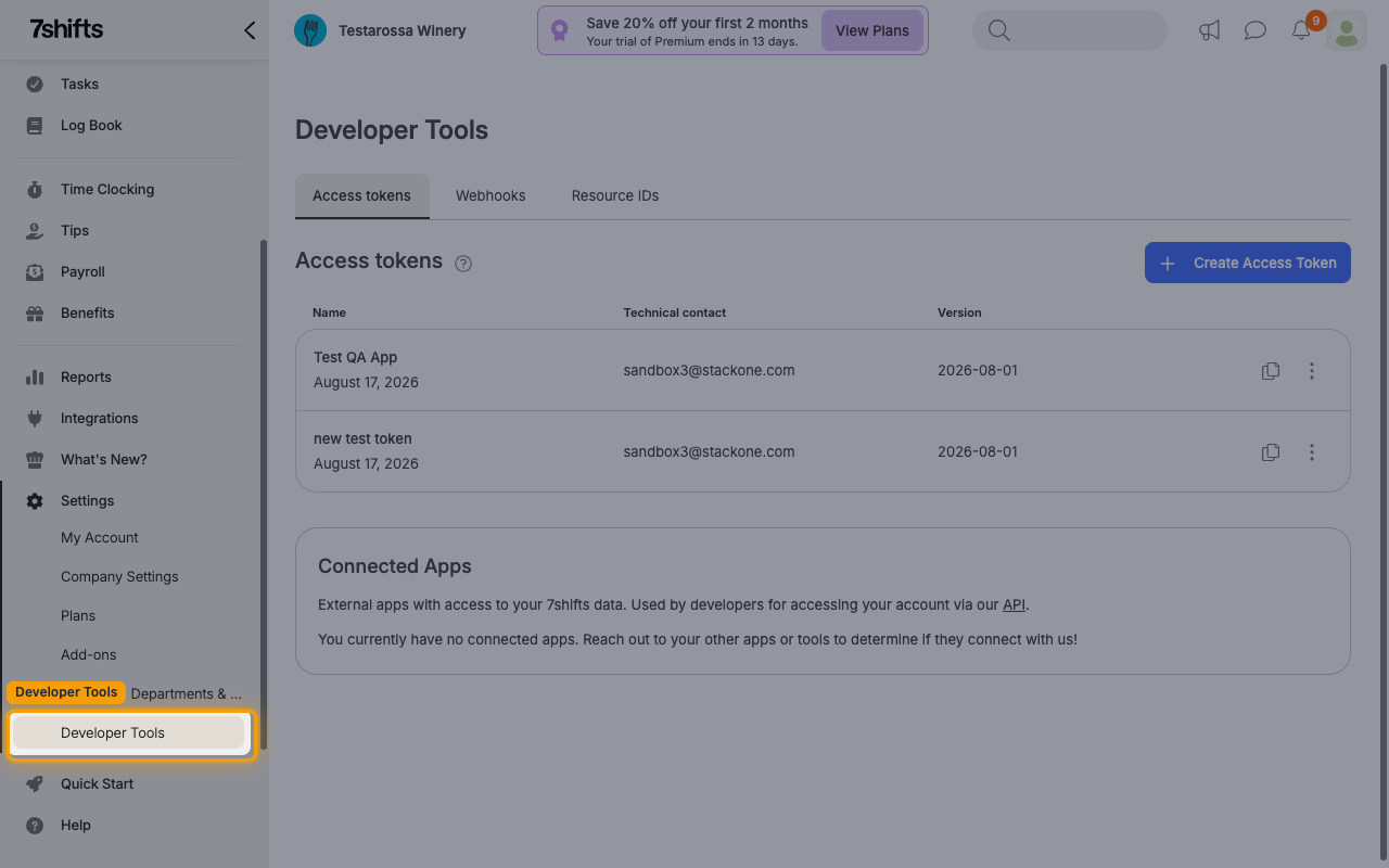 7shifts Settings sidebar with Developer Tools highlighted