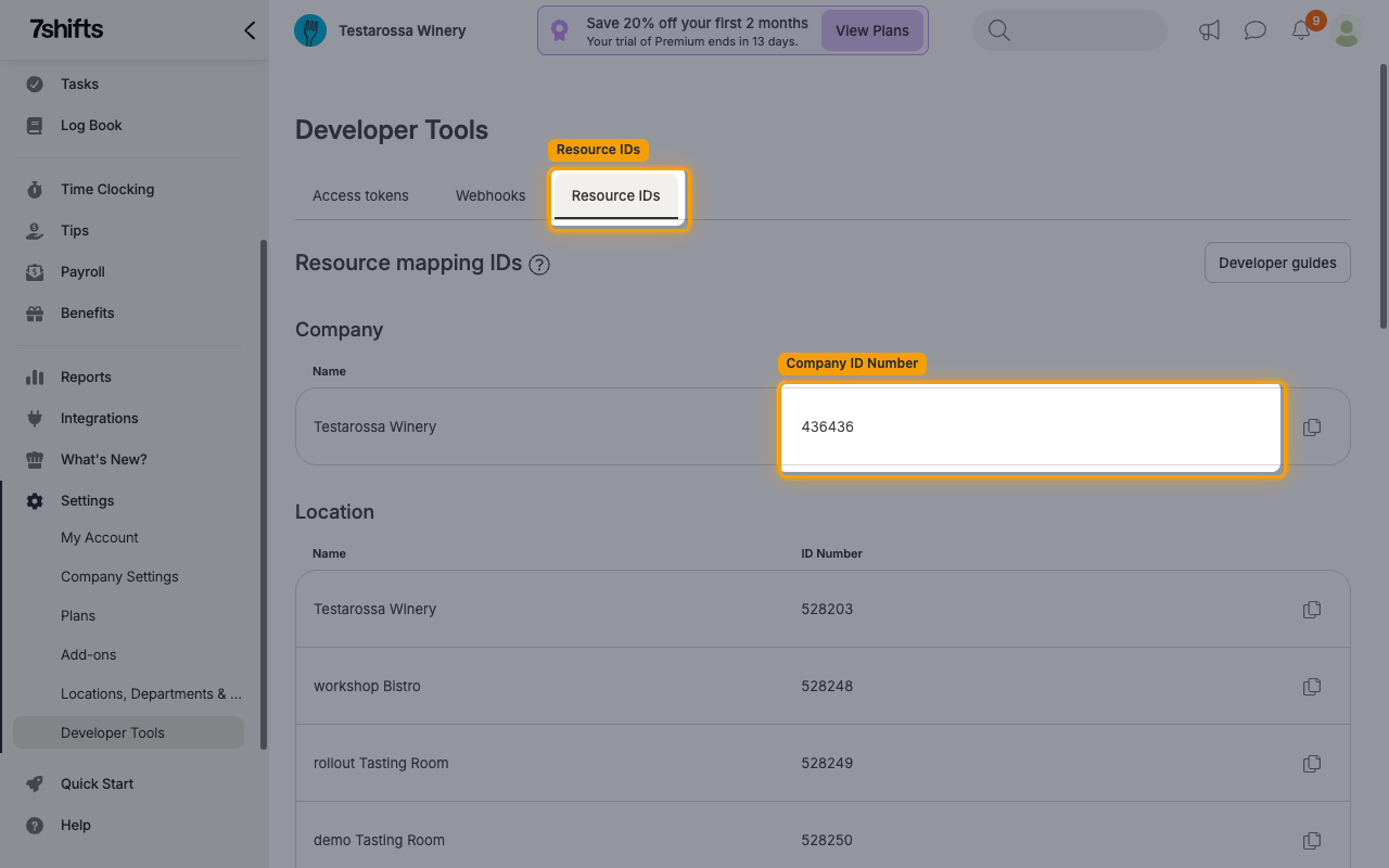 Resource IDs tab showing Company ID Number under the Company section