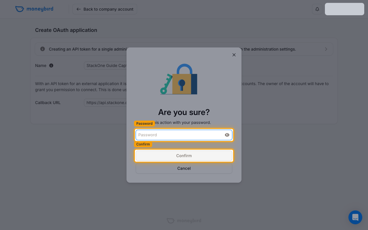 Password confirmation dialog with the password field and confirm button highlighted