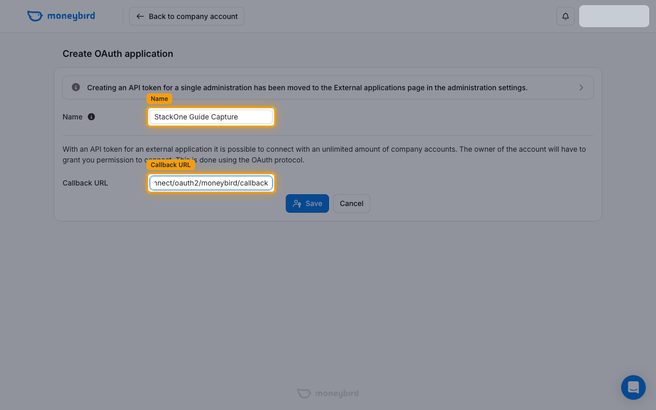 Create OAuth application form with the Name and Callback URL fields highlighted