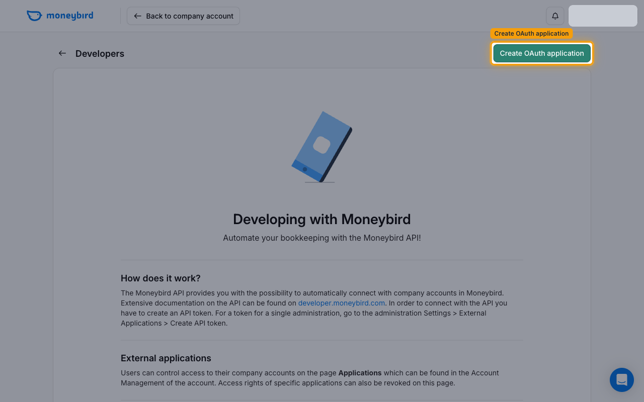 Moneybird Developers page with the Create OAuth application button highlighted