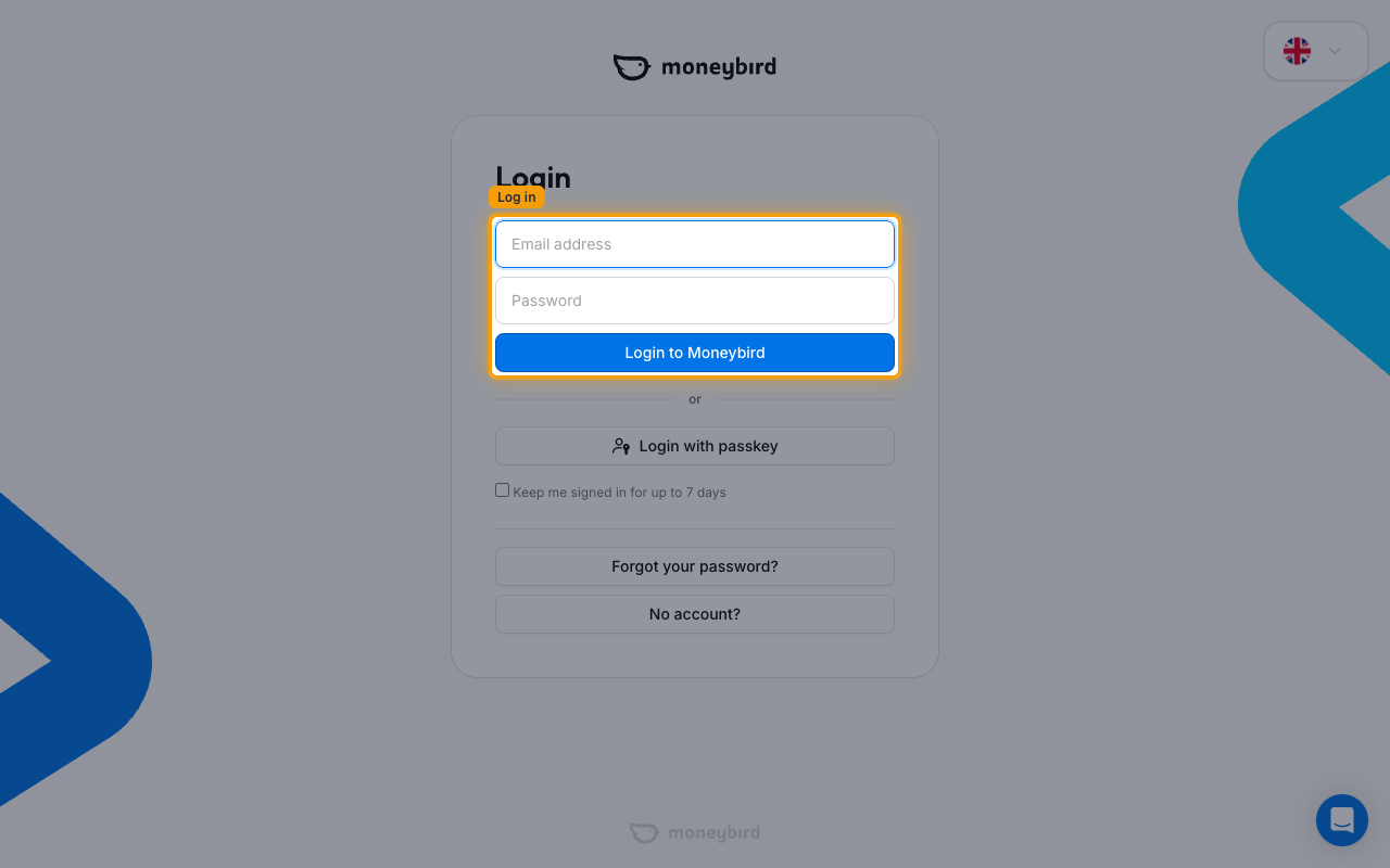Moneybird login page with the email, password and login button highlighted