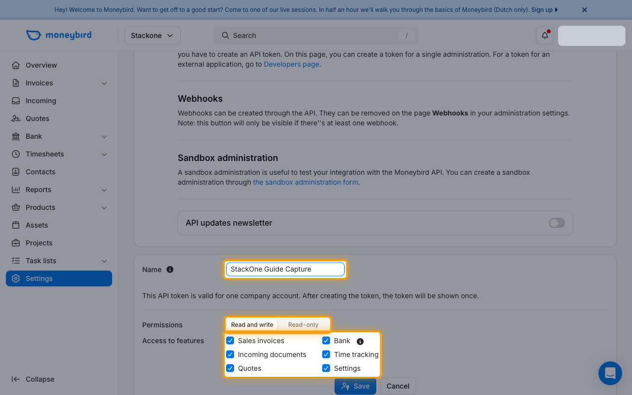 Create API token form with the name, permissions and access to features controls highlighted