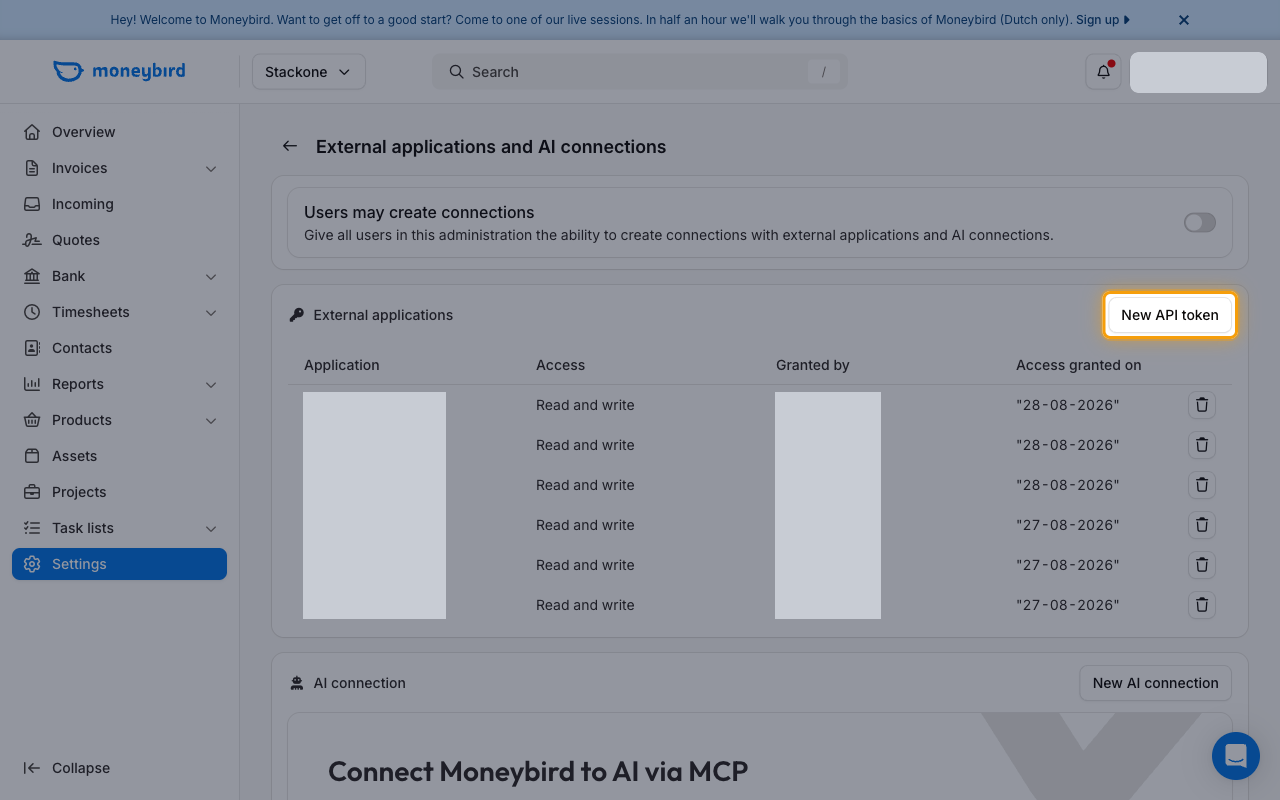 External applications page with the New API token button highlighted