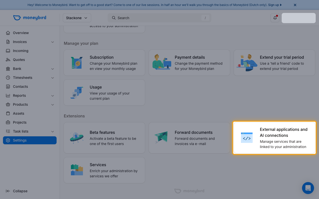 Administration settings page with the External applications and AI connections tile highlighted