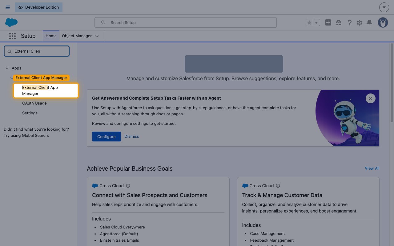 The Setup sidebar filtered to External Client Apps with External Client App Manager highlighted