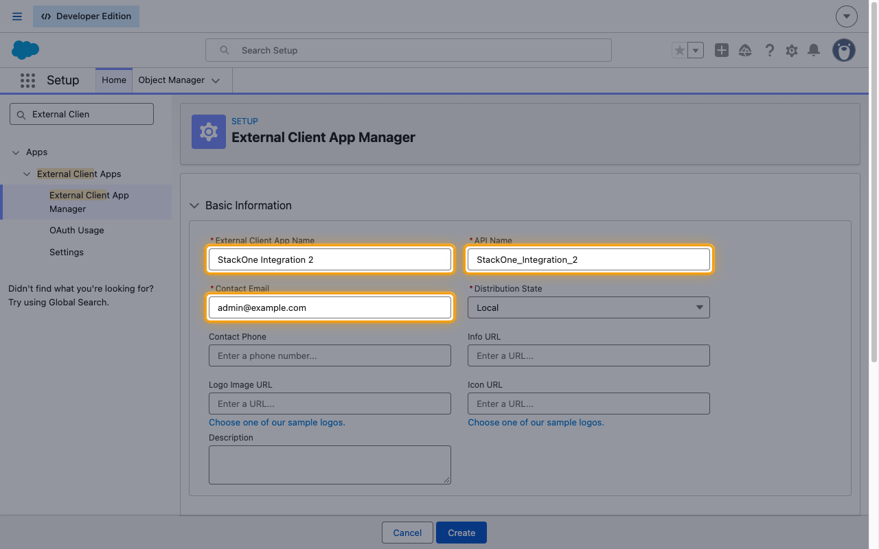 The Basic Information section with the app name, API name and contact email fields highlighted