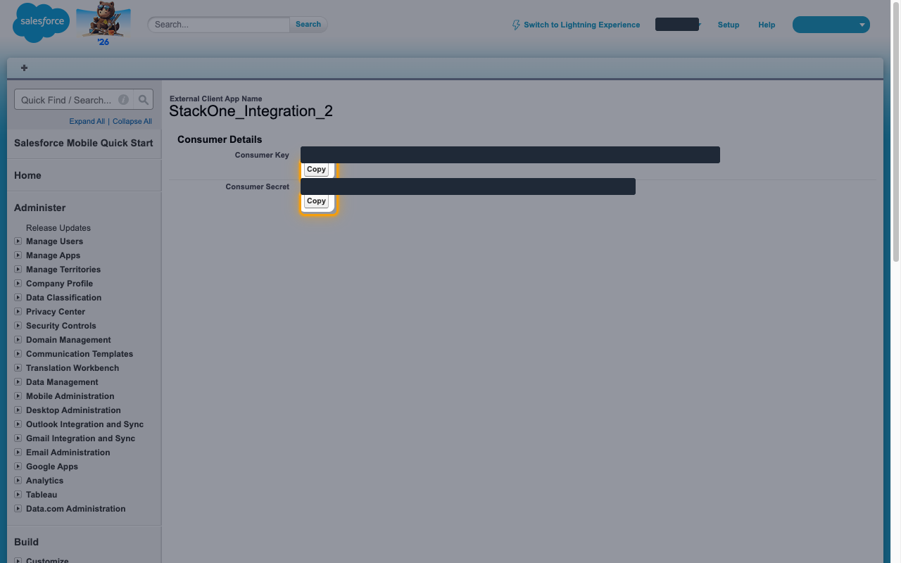 The Consumer Details page with the Copy buttons beside Consumer Key and Consumer Secret highlighted