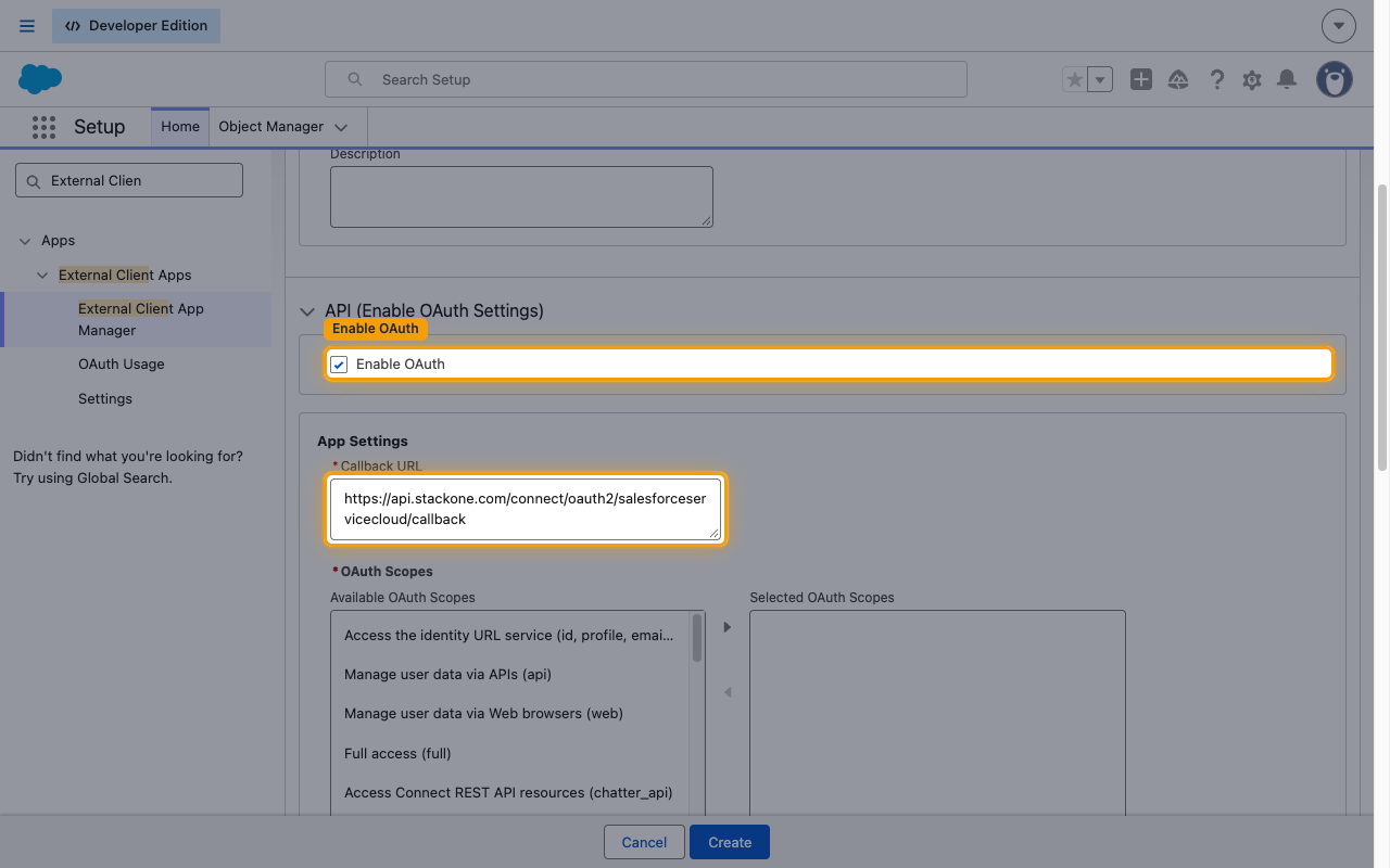 The API section with the Enable OAuth checkbox and the Callback URL field highlighted